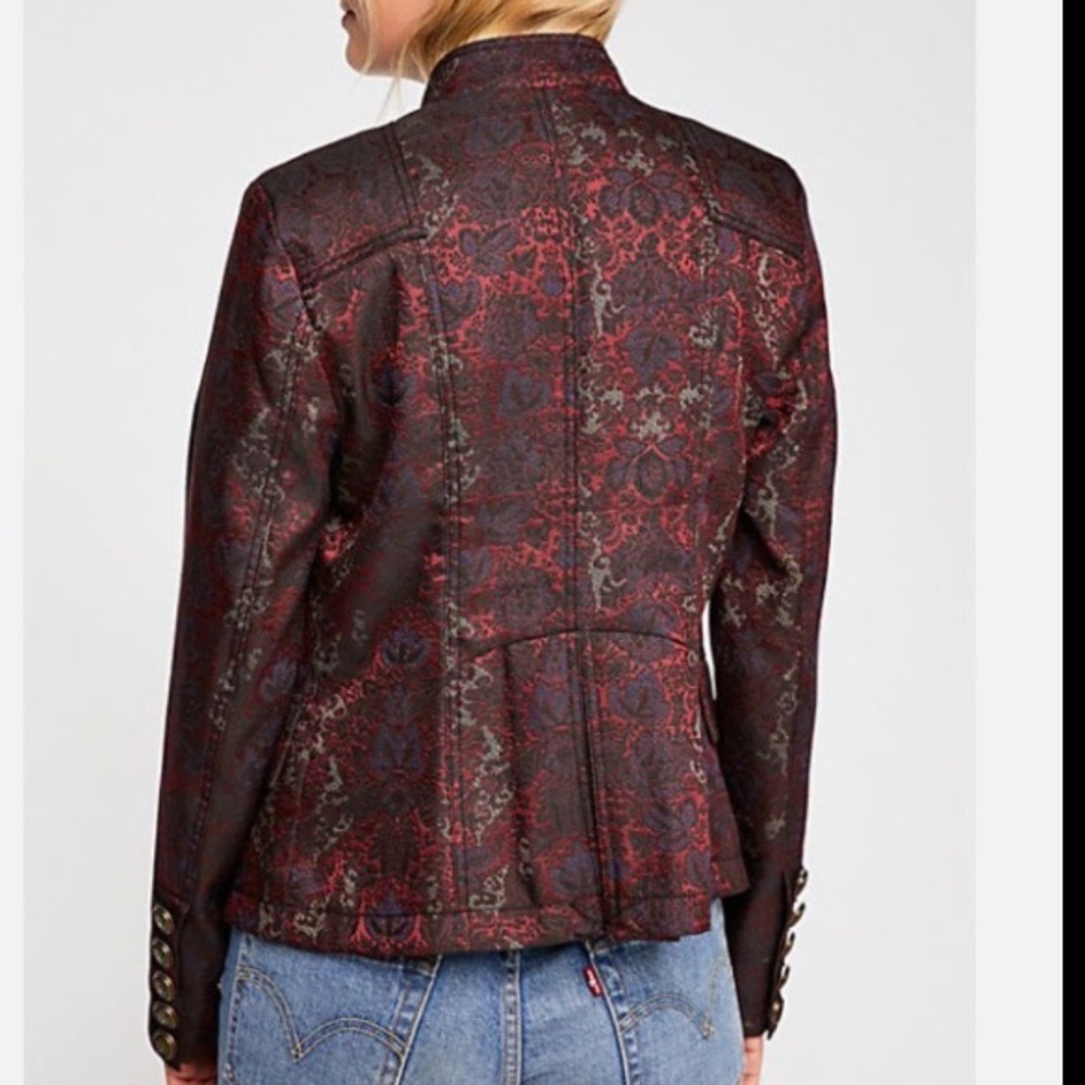 Free People Burgundy Floral Brocade Military Blazer Jacket Metallic Crest Medium - Picture 11 of 11